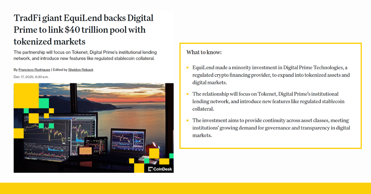 TradFi giant EquiLend backs Digital Prime to link $40 trillion pool with tokenized markets
